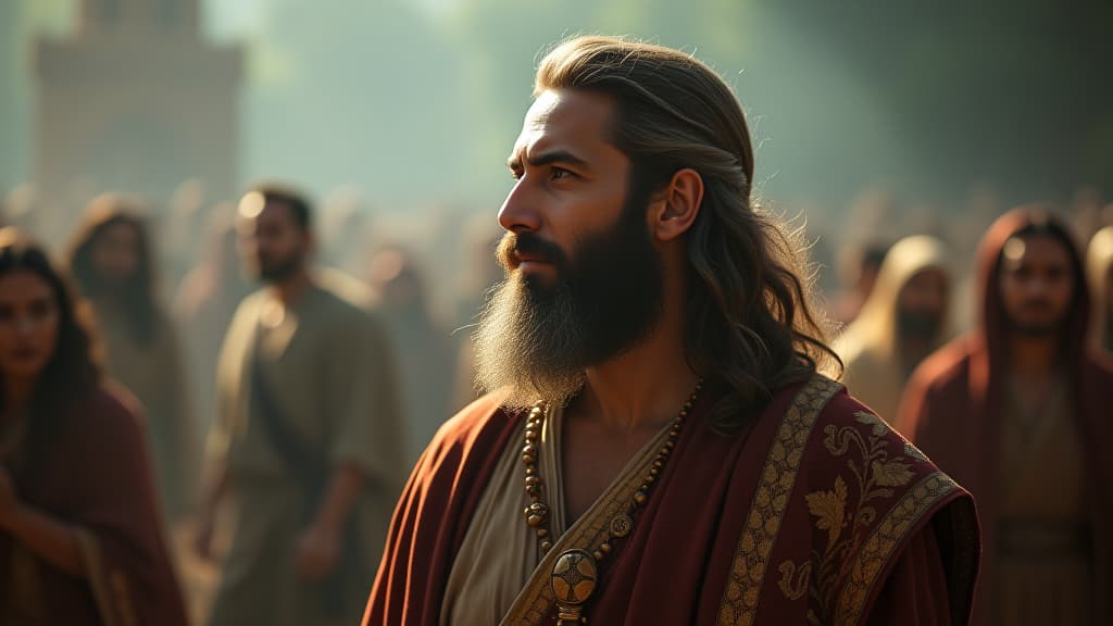  history of biblical times, an artistic representation of boaz as a symbol of redemption, illustrating him as a kind and noble figure in traditional attire. hyperrealistic, full body, detailed clothing, highly detailed, cinematic lighting, stunningly beautiful, intricate, sharp focus, f/1. 8, 85mm, (centered image composition), (professionally color graded), ((bright soft diffused light)), volumetric fog, trending on instagram, trending on tumblr, HDR 4K, 8K