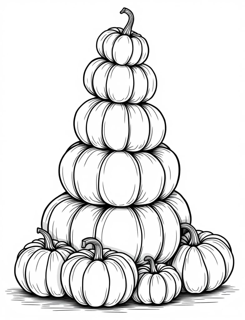  a stack of pumpkins in varying sizes and shapes, black and white line art on a white background, for an adult coloring page.