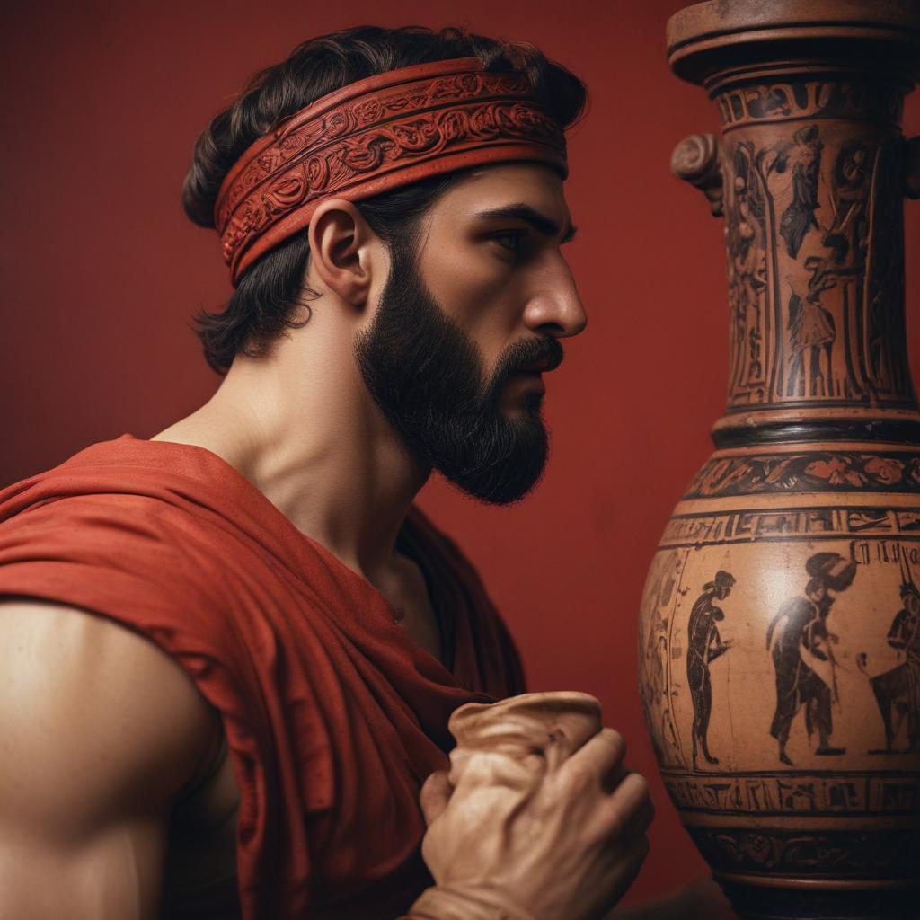 A tense atmosphere as Achilles realizes the implications of Briseis' presence in his camp. Show subtle signs of conflict brewing, with characters exchanging wary glances. Create a sense of impending drama and decision making that will impact the course of the war. Include elements like campfires, soldiers in discussion, and a conflicted expression on Achilles' face. Style: Suspenseful with a focus on character interactions and the weight of impending choices, using muted colors and strategic lighting."in the style of classical Greek pottery art, with intricate black figures on a red background, depicting mythological scenes with a focus on gods and heroes, using a limited color palette of red, black, and white"This image is a breathtaking p hyperrealistic, full body, detailed clothing, highly detailed, cinematic lighting, stunningly beautiful, intricate, sharp focus, f/1. 8, 85mm, (centered image composition), (professionally color graded), ((bright soft diffused light)), volumetric fog, trending on instagram, trending on tumblr, HDR 4K, 8K