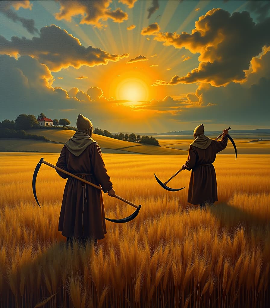  renaissance style masterpiece. (painting. incredible beauty and power of light bright glow of the sun over a field of rye, where peasants are harvesting rye with scythes and sickles:1.5). (intense close up:1.2). highly detailed strokes, clarity. fairy tale style. the style of the artist pieter bruegel:1.5.) . realistic, perspective, light and shadow, religious or mythological themes, highly detailed hyperrealistic, full body, detailed clothing, highly detailed, cinematic lighting, stunningly beautiful, intricate, sharp focus, f/1. 8, 85mm, (centered image composition), (professionally color graded), ((bright soft diffused light)), volumetric fog, trending on instagram, trending on tumblr, HDR 4K, 8K