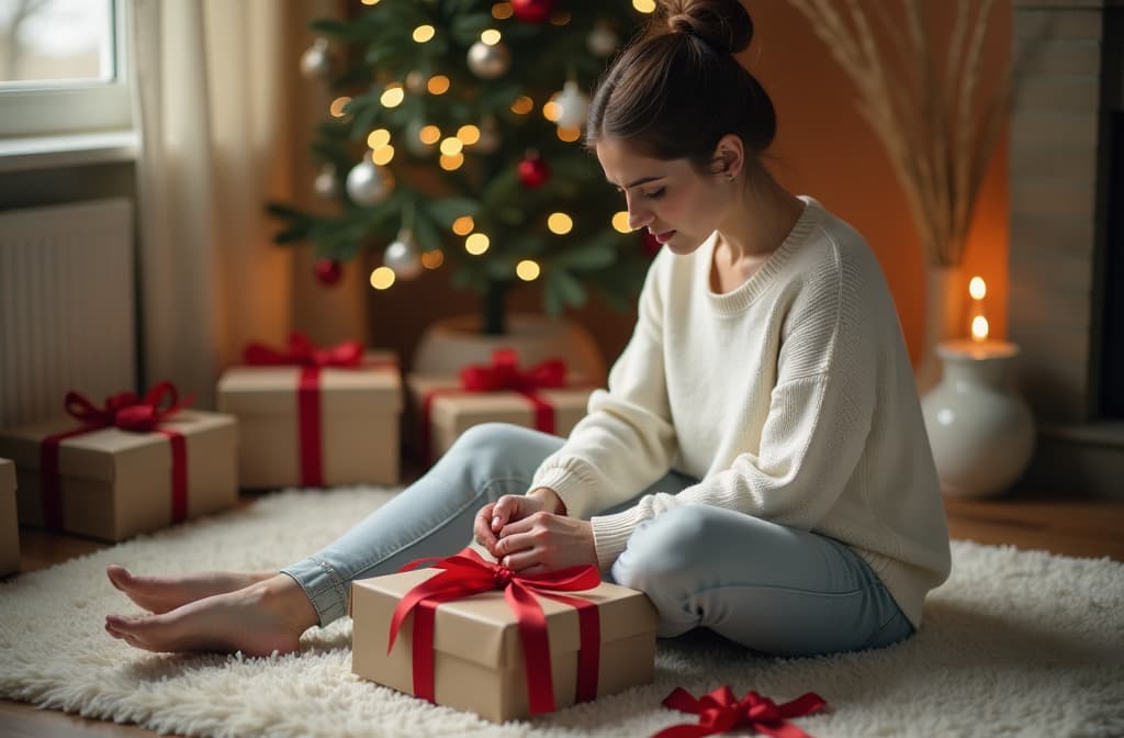  professional detailed photography, woman with tied up hair in white sweater sitting on floor wrapping gifts in craft paper, red ribbon lying nearby, collected gift boxes, new year lights , (muted colors, dim colors, soothing tones), (vsco:0.3)