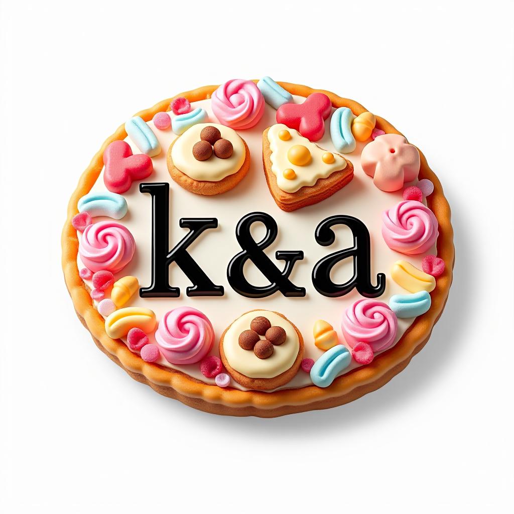  design a logo, diseño de pegatina personalizada en un fondo blanco aislado con las palabras en negrita ‘k&a’ con un telón de fondo de una rebanada de pastel, galletas y donitas , with the text 'k&a'.