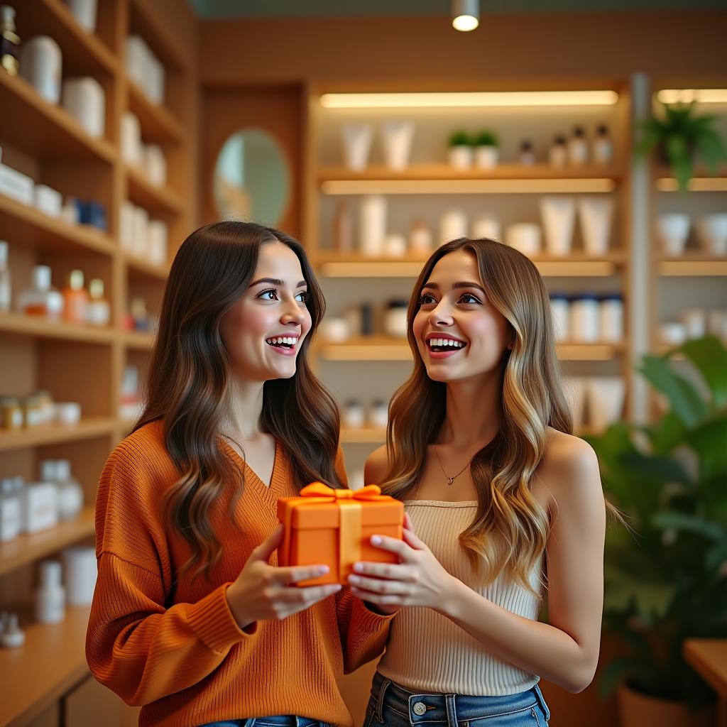  tilt shift photo of realistic image. two beautiful tall russian slim girls look with surprise at the wooden shelves of the cosmetics store with joyful surprised faces and wide open eyes, one girl holds a gift orange box in her hands, a background a cosmetics and perfume store, very high ceilings, a beautiful interior, a lot of tropical vegetation, a lot of grooming and decorative cosmetics, summer, high resolution, clear faces not blurred, 4k . selective focus, miniature effect, blurred background, highly detailed, vibrant, perspective control hyperrealistic, full body, detailed clothing, highly detailed, cinematic lighting, stunningly beautiful, intricate, sharp focus, f/1. 8, 85mm, (centered image composition), (professionally color graded), ((bright soft diffused light)), volumetric fog, trending on instagram, trending on tumblr, HDR 4K, 8K