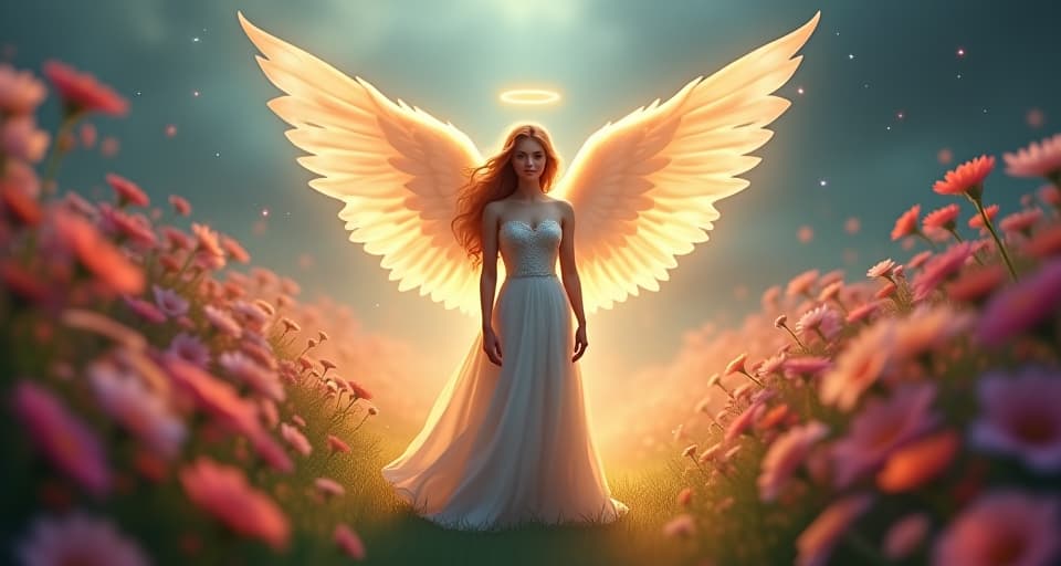  angelic figure with glowing wings, standing in a celestial garden filled with radiant flowers, divine light forming a lifeline, serene and heavenly scene. the style is digital art illustration,highly detailed, whimsical,magical, dreamlike atmosphere, realism and fantasy blend, smooth, glossy textures,luminous quality, wonder and enchantment.