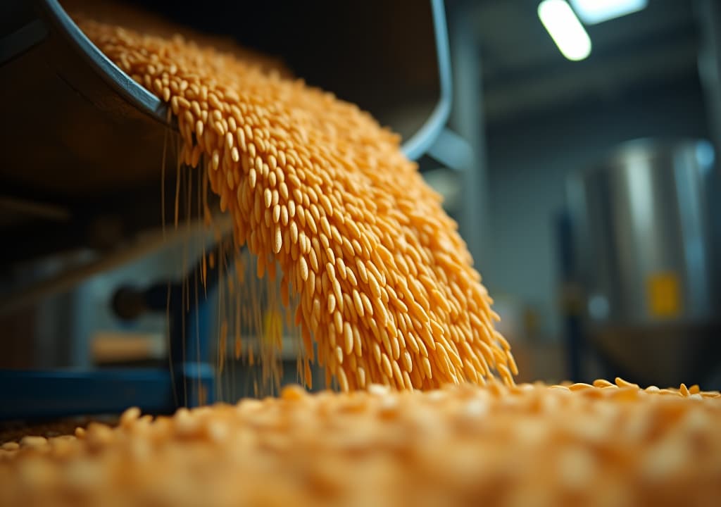  a close up view of grains pouring from a hopper, showcasing the harvesting process in an industrial setting.