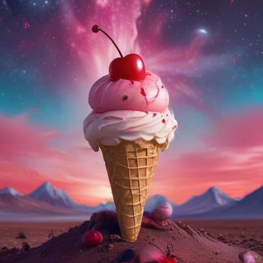 A smiling ice cream cone with a cherry in a vibrant, abstract dessert landscape. in Mythological style with Space background