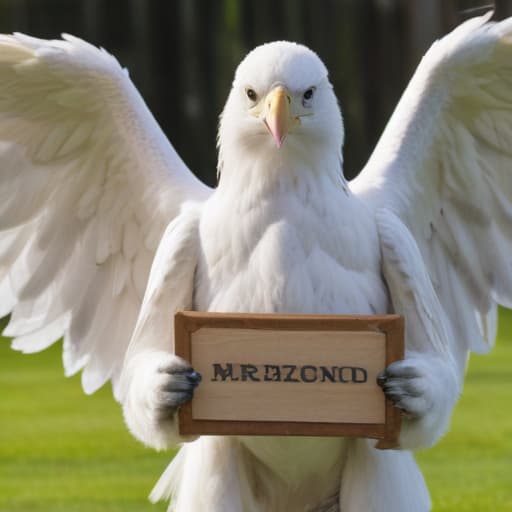 a white eagle holding a board with the word "MrBehzod" written on it