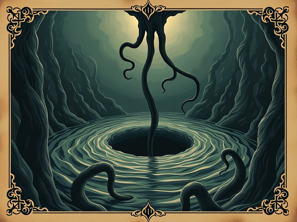  an ominous whirlpool, dark waters pulling downward, tentacles and shadowy forms swirling, sense of despair, foreboding abyss. an illustration in the style of a worn, mystical old tarot trump card, mysterious and elements of surrealism. the colors are muted, somber and eerie, but with contrast bring out an occult and esoteric vibe.