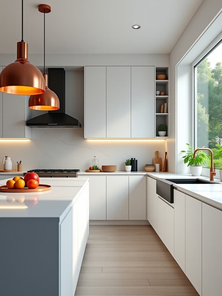  high quality portrait photo of an open concept kitchen with sleek white cabinets, a marble island, copper pendant lights, and a herb garden on the windowsill hyperrealistic, full body, detailed clothing, highly detailed, cinematic lighting, stunningly beautiful, intricate, sharp focus, f/1. 8, 85mm, (centered image composition), (professionally color graded), ((bright soft diffused light)), volumetric fog, trending on instagram, trending on tumblr, HDR 4K, 8K