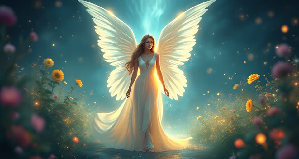  ethereal angel with flowing, glowing attire, standing tall in a luminescent garden, her presence exuding confidence and serenity, symbolizing becoming the person one was meant to be.. the style is digital art illustration,highly detailed, whimsical,magical, dreamlike atmosphere, realism and fantasy blend, smooth, glossy textures,luminous quality, wonder and enchantment.