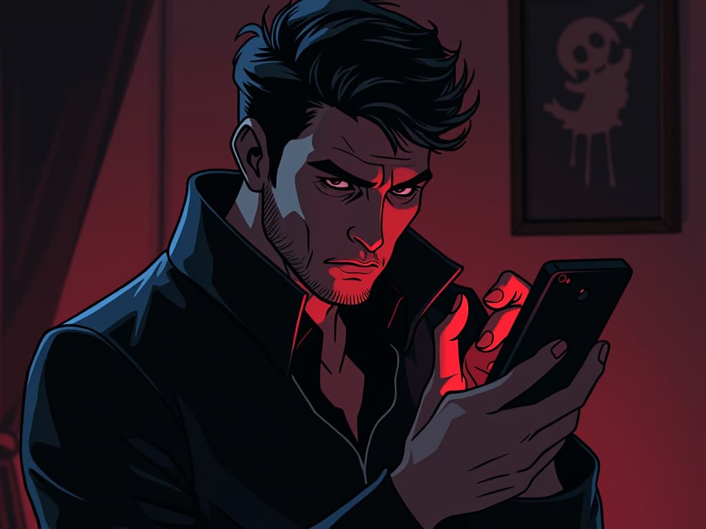  person holding phone, slight frown of confusion, dimly lit room, mood of disbelief. the style is digital art illustration / modern comic book / graphic dark novel fantasy and mysterious occult, symbolic, moody lighting, esoteric vibe,high detail on character design. for the color scheme emphasize blacks and reds.