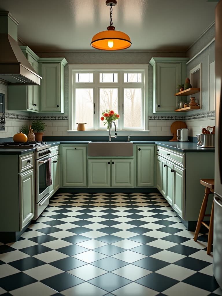  high quality portrait photo of a classic kitchen design featuring a black and white checkered vinyl flooring pattern, creating a timeless focal point beneath vintage inspired appliances hyperrealistic, full body, detailed clothing, highly detailed, cinematic lighting, stunningly beautiful, intricate, sharp focus, f/1. 8, 85mm, (centered image composition), (professionally color graded), ((bright soft diffused light)), volumetric fog, trending on instagram, trending on tumblr, HDR 4K, 8K