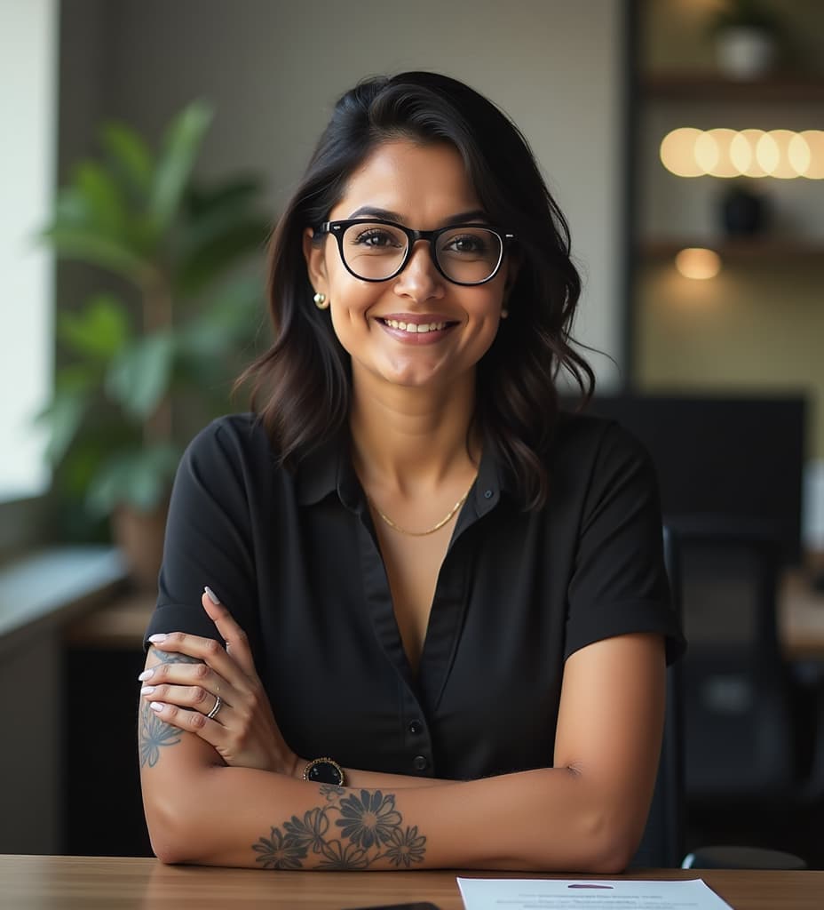  /imagine prompt: a high quality 4k portrait of a modern indian woman sitting confidently in her office. she is wearing a stylish short top, with professional yet casual attire. her dark hair is neatly styled, and she has fashionable glasses that complement her look. tattoos are visible on both of her hands, adding a touch of individuality to her appearance. the office background features sleek furniture, soft lighting, and modern décor, with a computer on the desk. shot with a canon eos r5, 85mm lens, f/1.4, creating a shallow depth of field, focusing on her face and expression. v 6.0 ar 16:9 style raw, high quality, high details, hd, perfect composition, 4k epic detailed, highly detailed, sharp focus, high resolution