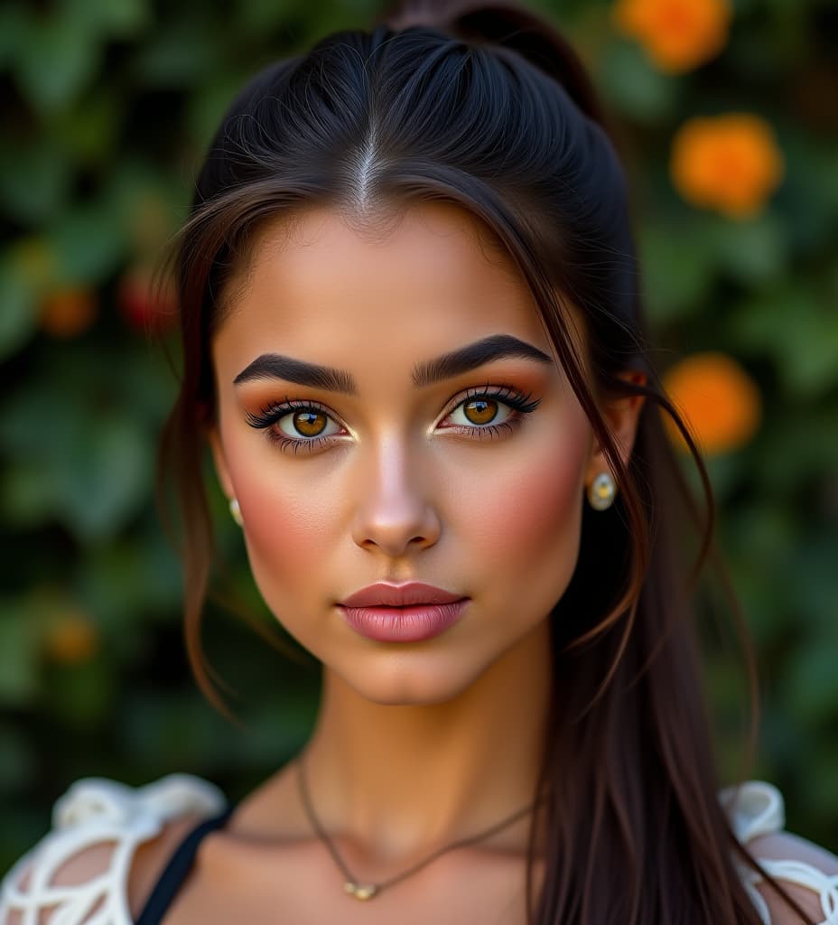  beautiful closeup of ariana grande, intricate vinery in the background, detailed face, ponytail, dark amber colored eyes, depth of field