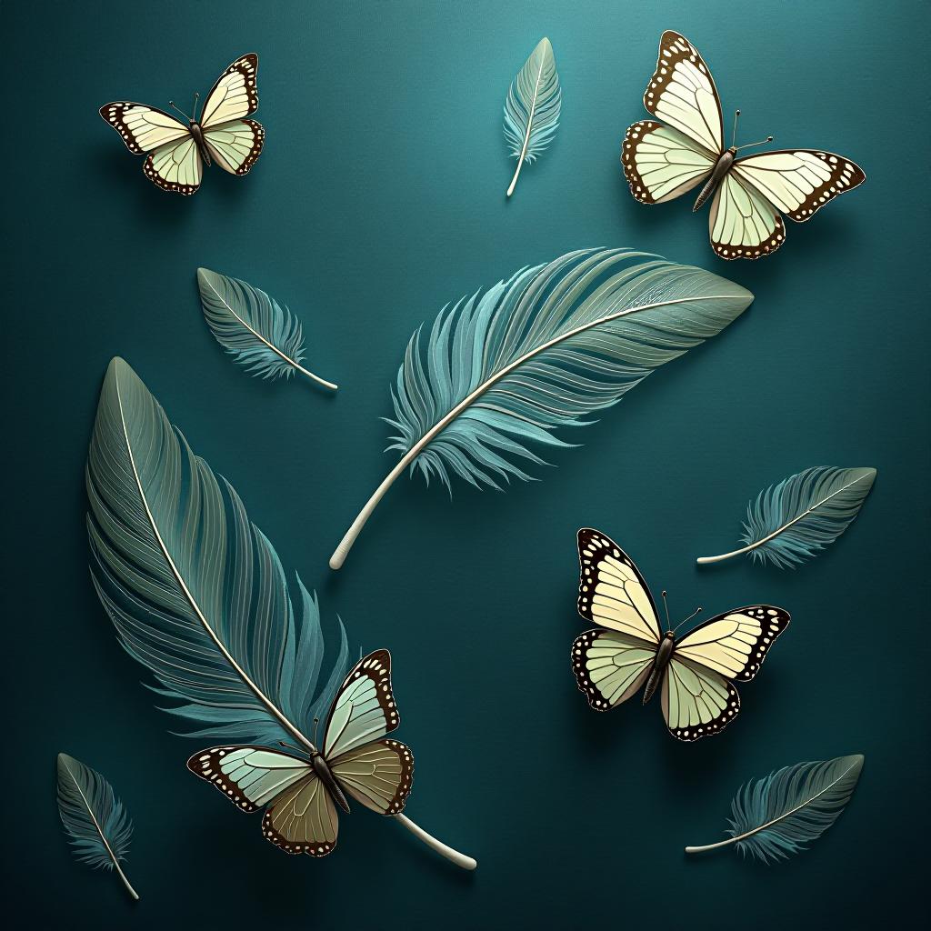  dark teal background with wallpaper design of feathers and butterflies, feathers, butterfly, wallpaper, dark teal