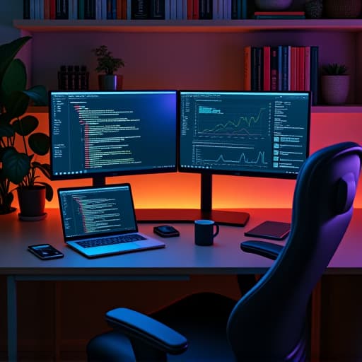  8k, a modern web developer's workstation. the scene includes a sleek desk with a high end laptop showing code, a dual monitor setup displaying a website design and analytics, various gadgets like a smartphone and a tablet, ergonomic chair, ambient lighting, potted plants, and a coffee mug. the background features shelves with books on programming and web development.,