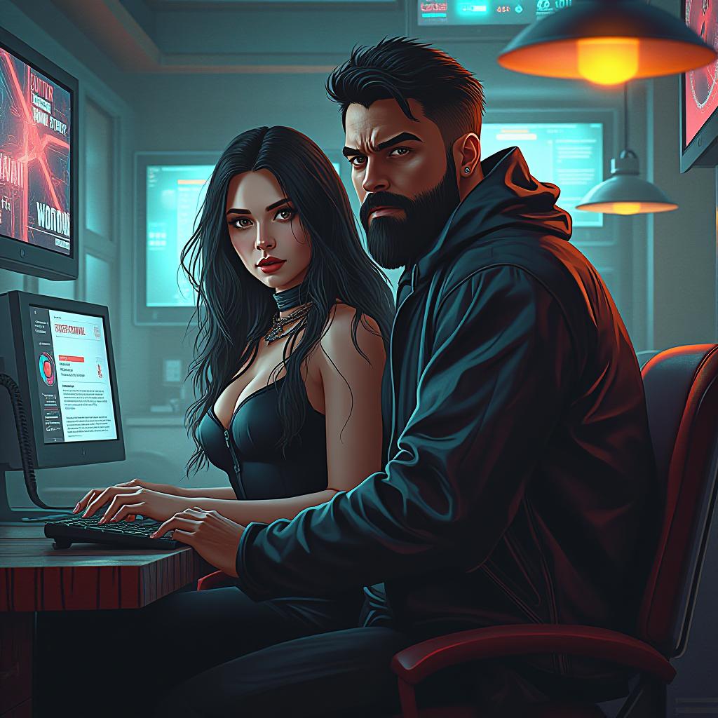  portrait, facing camera, two people, cyberpunk woman and man, large busted and in form fitting attire, absorbing the energy of the cyber cafe. the style is digital art illustration / modern comic book / mysterious occult, symbolic, esoteric vibe,high detail on character design, incorporating futuristic western attire. hyperrealistic, full body, detailed clothing, highly detailed, cinematic lighting, stunningly beautiful, intricate, sharp focus, f/1. 8, 85mm, (centered image composition), (professionally color graded), ((bright soft diffused light)), volumetric fog, trending on instagram, trending on tumblr, HDR 4K, 8K