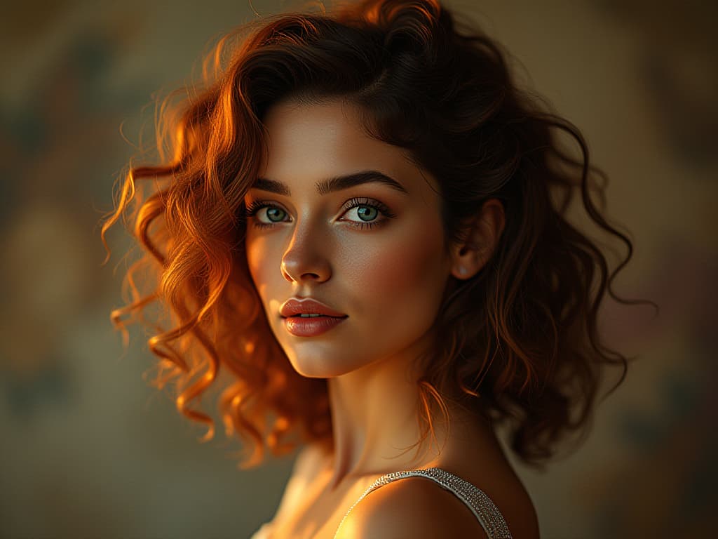  naturally beautiful ethereal devoted woman with dazzling curly hair, she is highly compasionate and conscious, leonardo da vinci style ambience and lighting