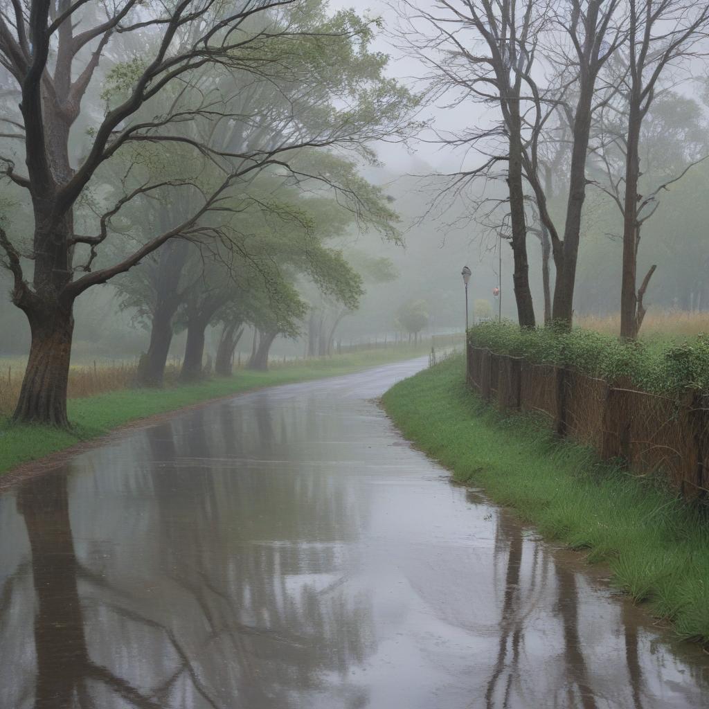 An impressionistic landscape capturing the essence of a rainy day.