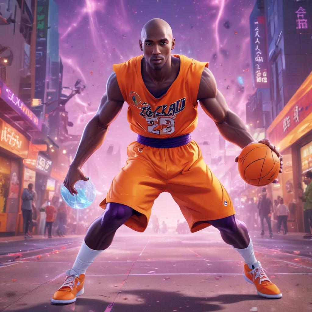 distance-shot, flashy, full-body, dynamic, holographic, animated cartoon poster of kobe scene in the style of dragon ball super