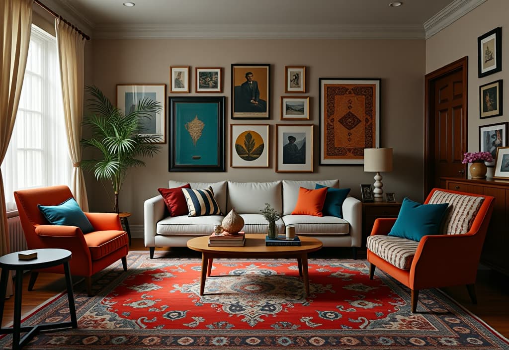  a landscape photo of an eclectic living room featuring a mix of vintage and modern furniture, a gallery wall with diverse art pieces, and a vibrant persian rug tying it all together hyperrealistic, full body, detailed clothing, highly detailed, cinematic lighting, stunningly beautiful, intricate, sharp focus, f/1. 8, 85mm, (centered image composition), (professionally color graded), ((bright soft diffused light)), volumetric fog, trending on instagram, trending on tumblr, HDR 4K, 8K