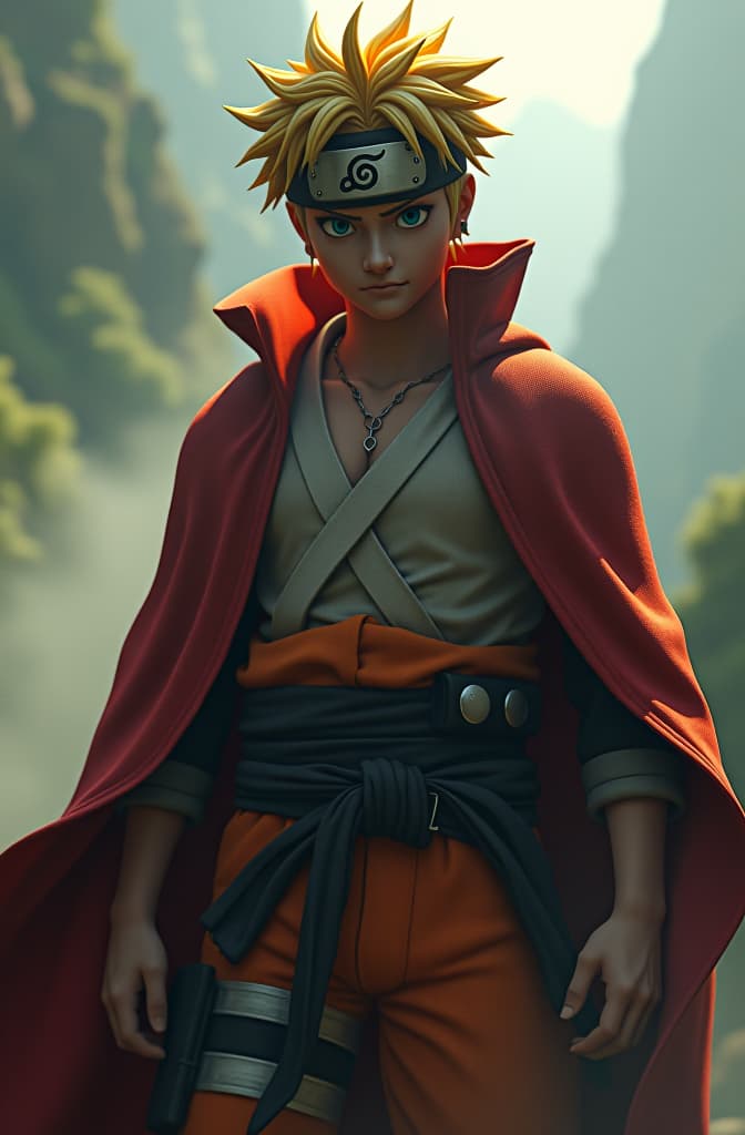  naruto in one piece style hyperrealistic, full body, detailed clothing, highly detailed, cinematic lighting, stunningly beautiful, intricate, sharp focus, f/1. 8, 85mm, (centered image composition), (professionally color graded), ((bright soft diffused light)), volumetric fog, trending on instagram, trending on tumblr, HDR 4K, 8K