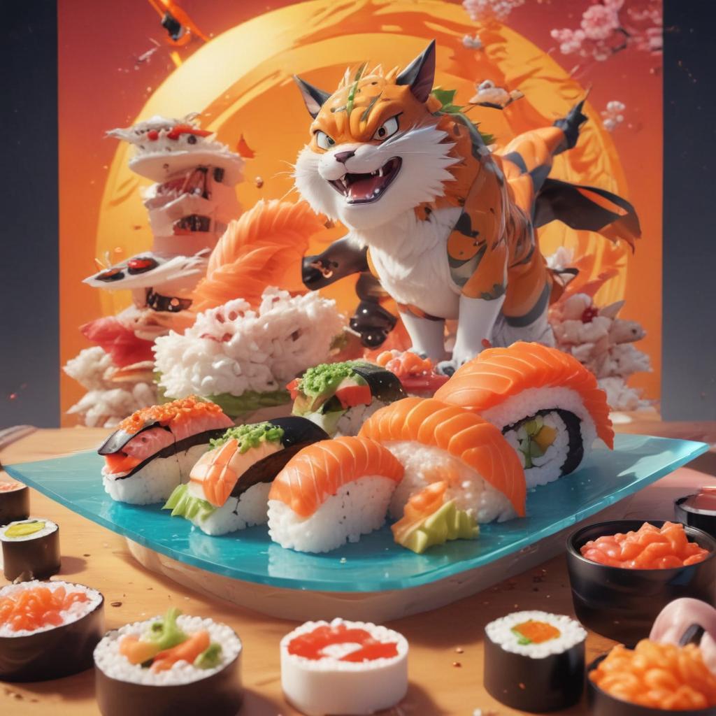 distance-shot, flashy, full-body, dynamic, holographic, animated cartoon poster of sushi scene in the style of dragon ball super