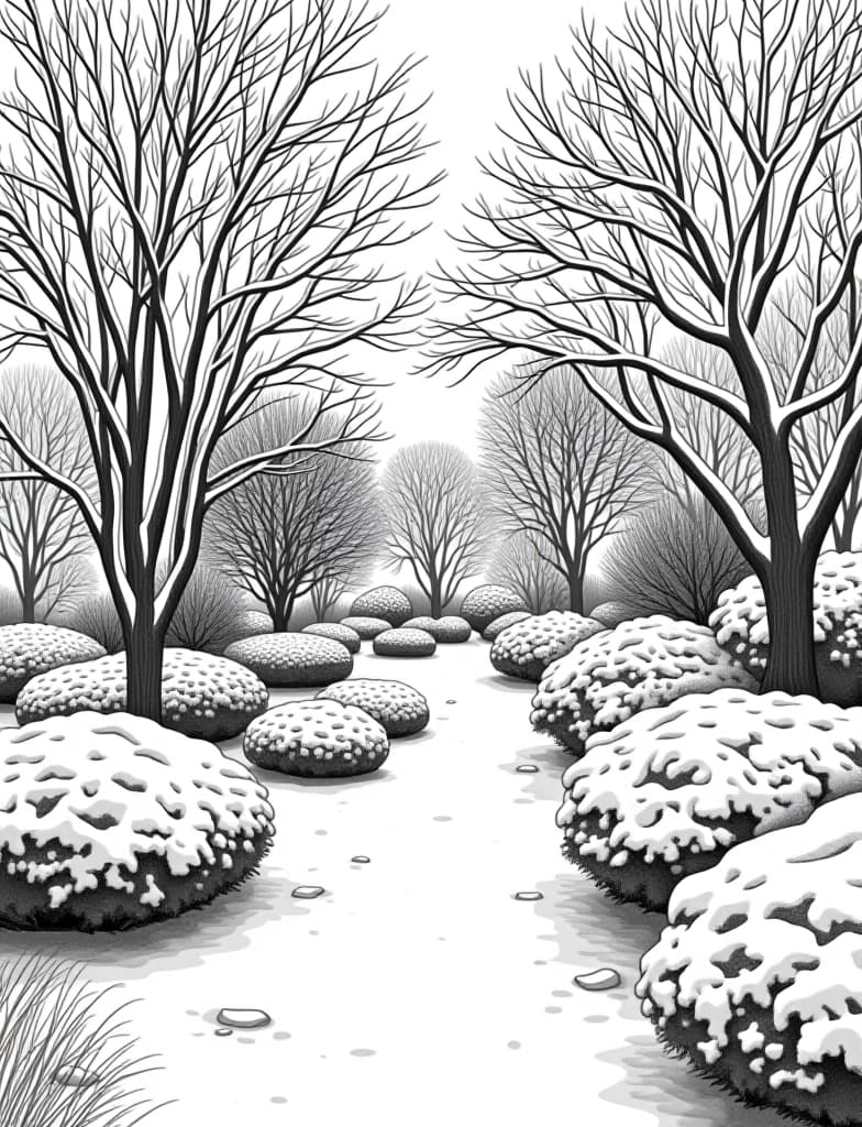  this is for an adult coloring page. a detailed black and white line art of a snowy winter garden with bare trees and snow covered shrubs on a solid white background.