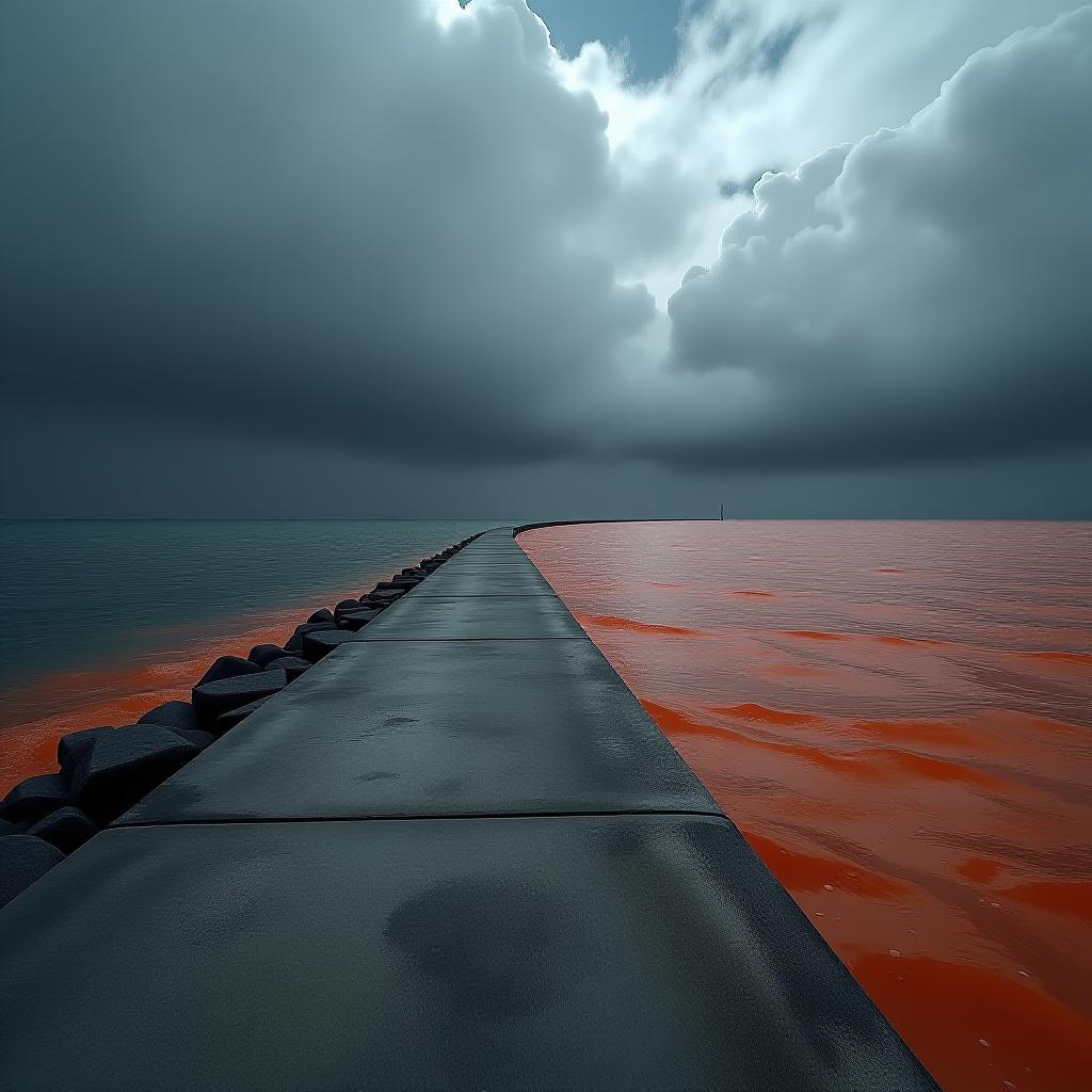  hyperrealistic art hdr foto, on concrete embankment of storm, deep orange color water in sea, grey tone sky, , curvy horizon line landscape , low angle view, 4k, artificial extremely high resolution details, photographic, realism pushed to extreme, fine texture, incredibly lifelike, award winning, professional, high dynamic range, vivid, rich details, clear shadows and highlights, realistic, intense, enhanced contrast,complex background, uhd . extremely high resolution details, photographic, realism pushed to extreme, fine texture, incredibly lifelike