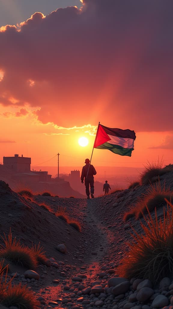  an artistic scene that captures the significance of october 7, featuring the date artistically integrated into a dramatic battlefield landscape. the backdrop is a sunset sky in warm hues of orange and purple, symbolizing conflict and resilience. in the foreground, the palestinian flag flows dynamically, its colors vivid against the textured earth. the scene is infused with a sense of history and emotion, inviting viewers to reflect on the weight of the day.