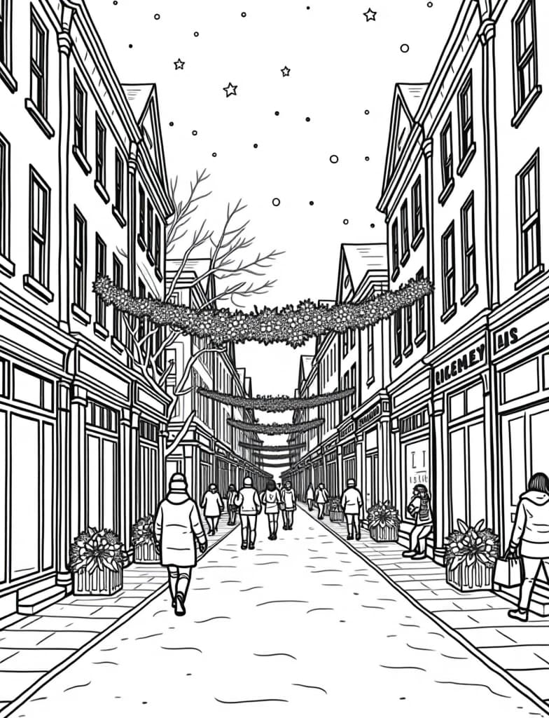  this is for an adult coloring page. a detailed black and white line art of a snowy snowy downtown scene with holiday shoppers on a solid white background.