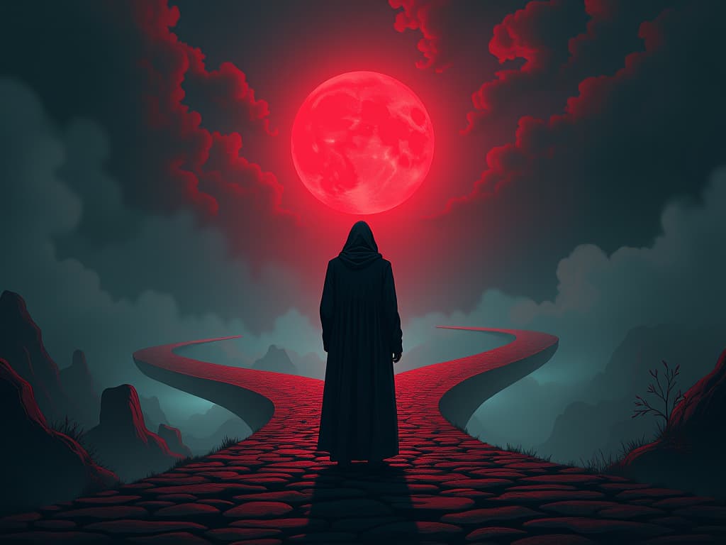  figure standing before a crossroads, with divergent paths illuminated by ghostly lights, air heavy with contemplation and doubt. the style is digital art illustration / modern comic book / graphic dark novel fantasy and mysterious occult, symbolic, moody lighting, esoteric vibe,high detail on character design. for the color scheme emphasize blacks and reds.