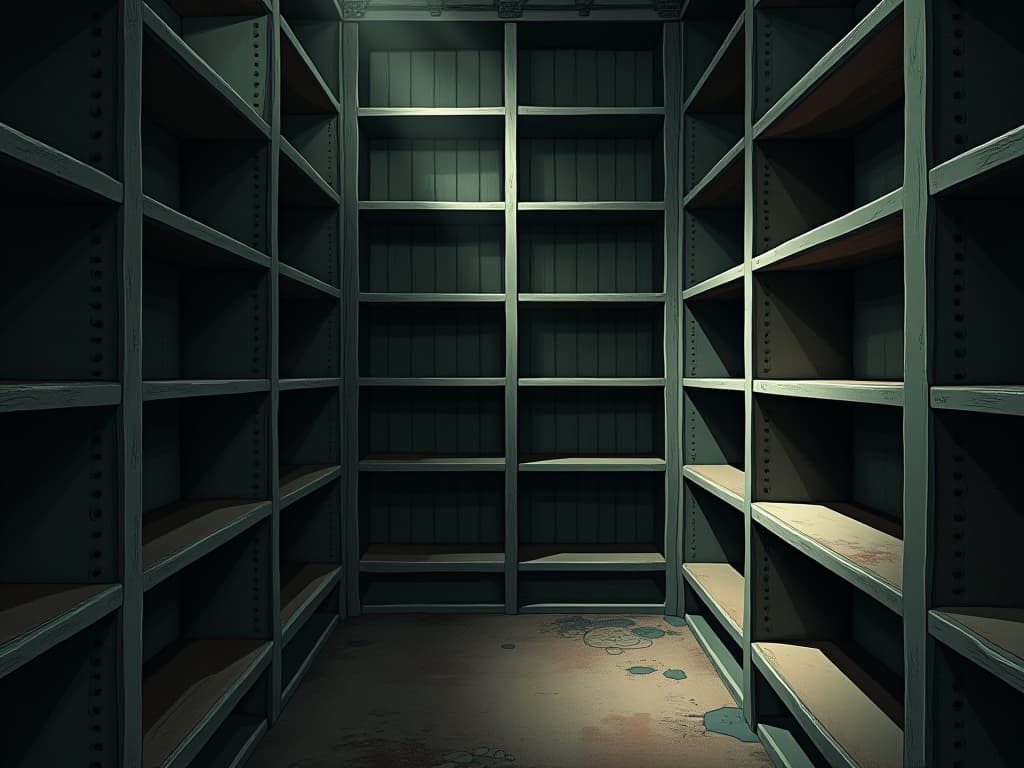  close up of empty shelves, dim lighting, shadows cast, suggesting neglect, dark and somber. an illustration in the style of a worn, mystical old tarot trump card, mysterious and elements of surrealism. the colors are muted, somber and eerie, but with contrast bring out an occult and esoteric vibe.