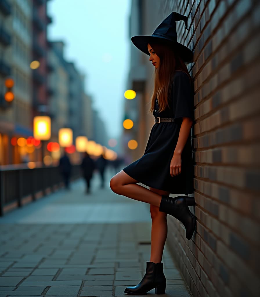  cinematic photo a brown haired witch girl stands tall with her foot against a wall in the city during halloween. he is wearing a short black dress and black leather boots. full height, side view, hyperdetail, 4k . 35mm photograph, film, bokeh, professional, 4k, highly detailed