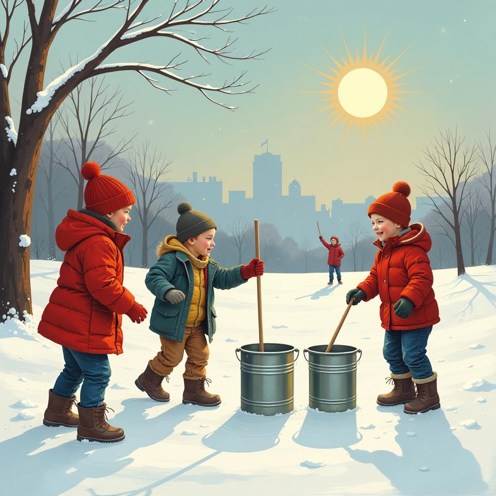  art deco style painting. oil painting. vector image. a sunny winter day. children throw sticks into three small cans, located in the distance, standing one on top of another next to which there is a boy with a stick. a happy atmosphere. surikov style. . geometric shapes, bold colors, luxurious, elegant, decorative, symmetrical, ornate, detailed