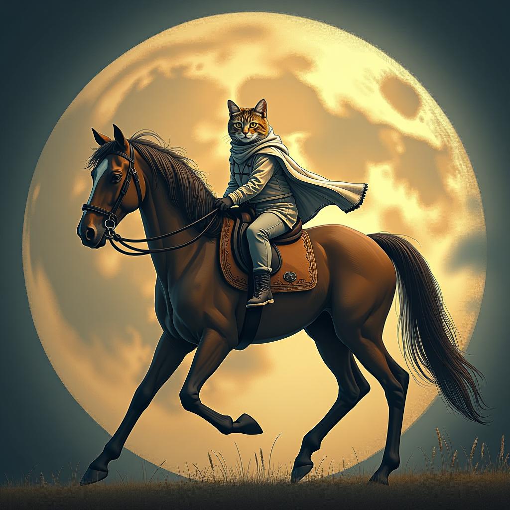  a cat riding a horse, hand drawn, on the moon, studio light, hdr 4k hyperrealistic, full body, detailed clothing, highly detailed, cinematic lighting, stunningly beautiful, intricate, sharp focus, f/1. 8, 85mm, (centered image composition), (professionally color graded), ((bright soft diffused light)), volumetric fog, trending on instagram, trending on tumblr, HDR 4K, 8K