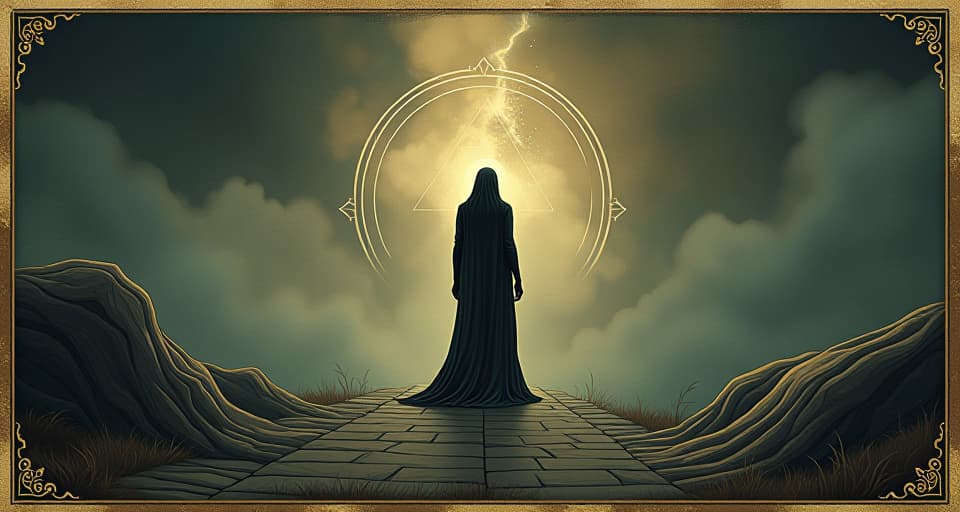  a central figure standing at a crossroads, paths diverging, ethereal light guiding, transformative journey, destiny at hand. an illustration in the style of a worn, mystical old tarot trump card, mysterious and elements of surrealism. the colors are muted, somber and eerie, but with contrast bring out an occult and esoteric vibe.