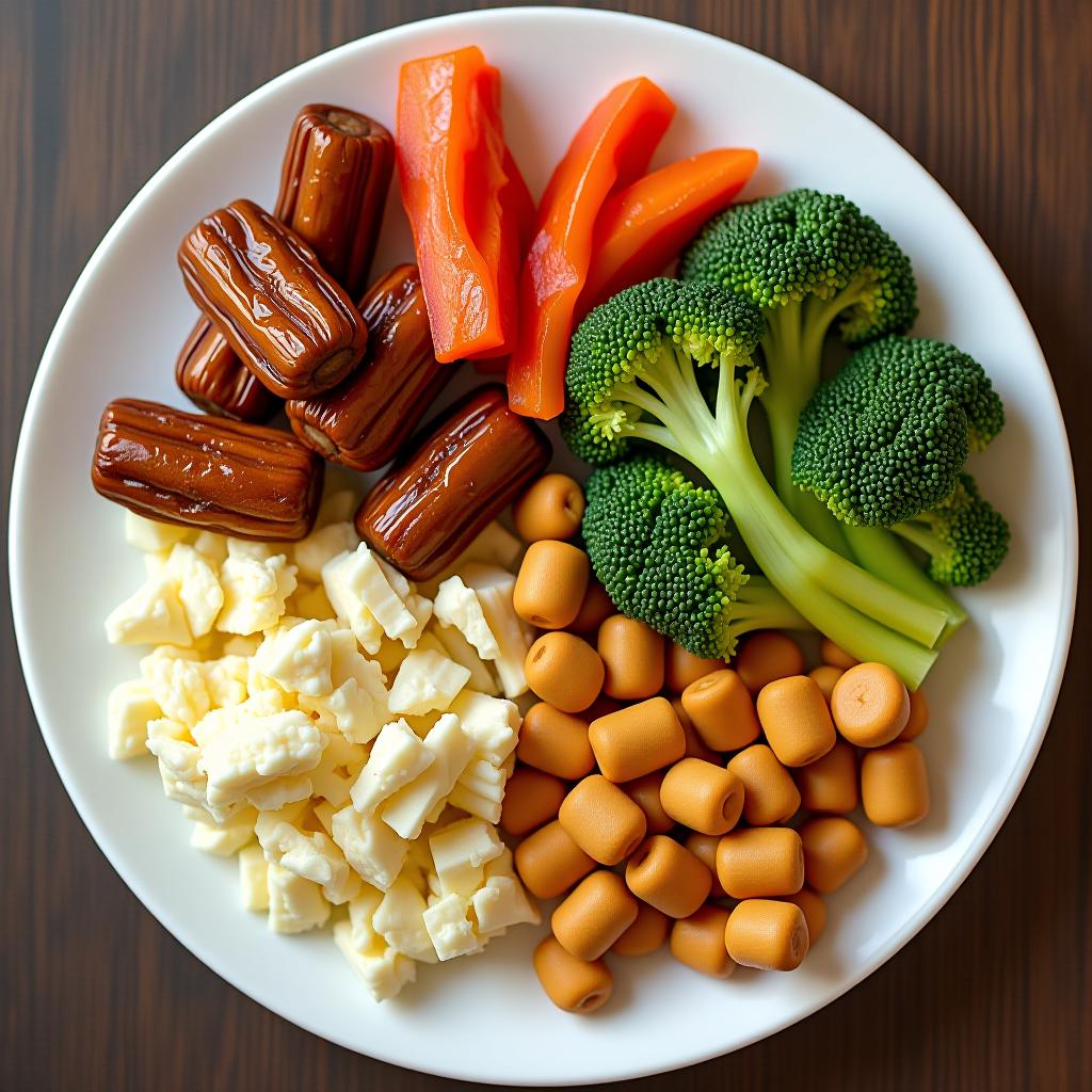  a plate with balanced nutrition: proteins, fats, carbohydrates, fiber.