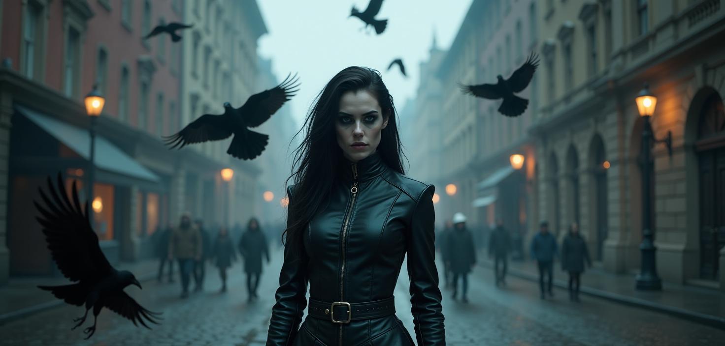  macabre style a woman standing in front of a flock of birds, dark city street, cinematic frame, trending on deviantart, gothic art, handsome from the movie the raven, scary makeup, wearing samcrow leather jacket, mobile wallpaper, 4 k movie still, with black metal face paint, lord of the ravens, as a solomon kane, woman in dark blue full body suit, cover shot, grunged up, paul atreides, instagram picture ar 3:5 . dark, gothic, grim, haunting, highly detailed