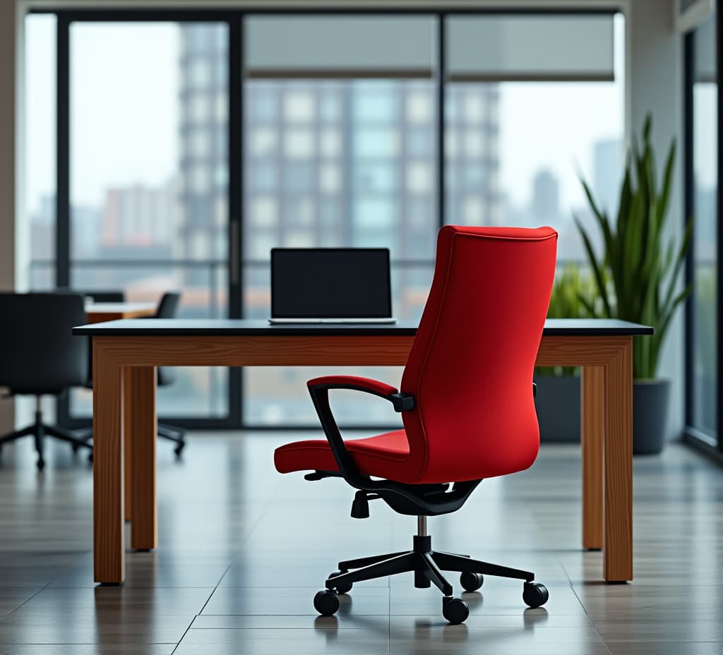  red office chair placed in front of the table with laptop. modern workspace or workplace interior design where employees are coming to their job, indoors remote internet connection corporate work