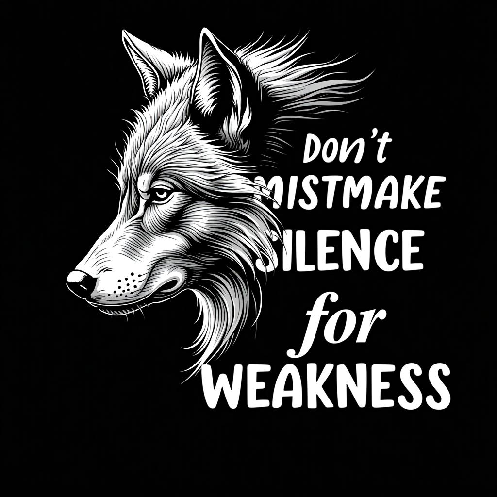  a captivating black and white line art illustration features a wolf in a fierce profile, with one piercing eye gazing intensely from the darkness. the wolf's mane seamlessly blends into the solid black background, creating a sense of mystery and enigma. in contrast, the other half of the design boldly displays striking text in a modern font, proclaiming 'don't mistake silence for weakness' this bold and elegant t shirt design print conveys a powerful message of inner strength, resilience, and the idea that true power can be found in quiet determination.