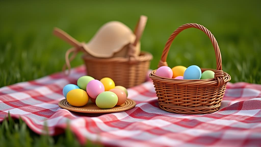  seasonal easter picnic with checkered blanket and woven baskets.