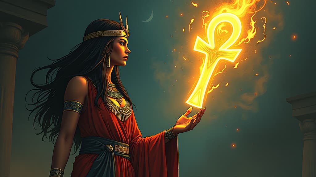  a comic book style draw of an ancient goddess offering a glowing ankh to a person, sense of audacity and reward, atmosphere of being unapologetically oneself. the style is digital art illustration / modern comic book / mysterious occult, symbolic, esoteric vibe,high detail on character design, incorporating ancient egyptian symbology and attire. hyperrealistic, full body, detailed clothing, highly detailed, cinematic lighting, stunningly beautiful, intricate, sharp focus, f/1. 8, 85mm, (centered image composition), (professionally color graded), ((bright soft diffused light)), volumetric fog, trending on instagram, trending on tumblr, HDR 4K, 8K