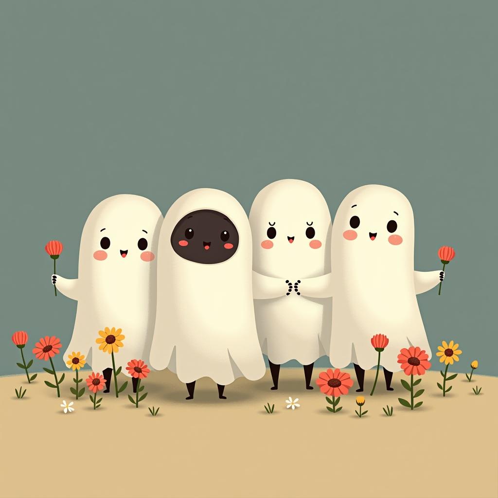  create a digital illustration featuring a row of four or five cute, cartoonish ghost characters, each with a different appearance, standing in different positions within sparse, life like wildflowers.