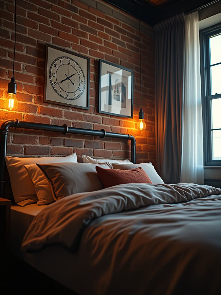  high quality portrait photo of an industrial style loft bedroom with a metal pipe headboard, exposed brick wall, and edison bulb lighting, captured from a low angle to emphasize the high ceilings hyperrealistic, full body, detailed clothing, highly detailed, cinematic lighting, stunningly beautiful, intricate, sharp focus, f/1. 8, 85mm, (centered image composition), (professionally color graded), ((bright soft diffused light)), volumetric fog, trending on instagram, trending on tumblr, HDR 4K, 8K