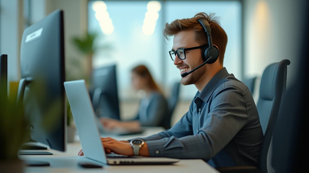  happy american call center agent wearing headset talking to client working in customer support office. professional contract service telemarketing operator using laptop having conversation. ar 16:9 {prompt}, maximum details