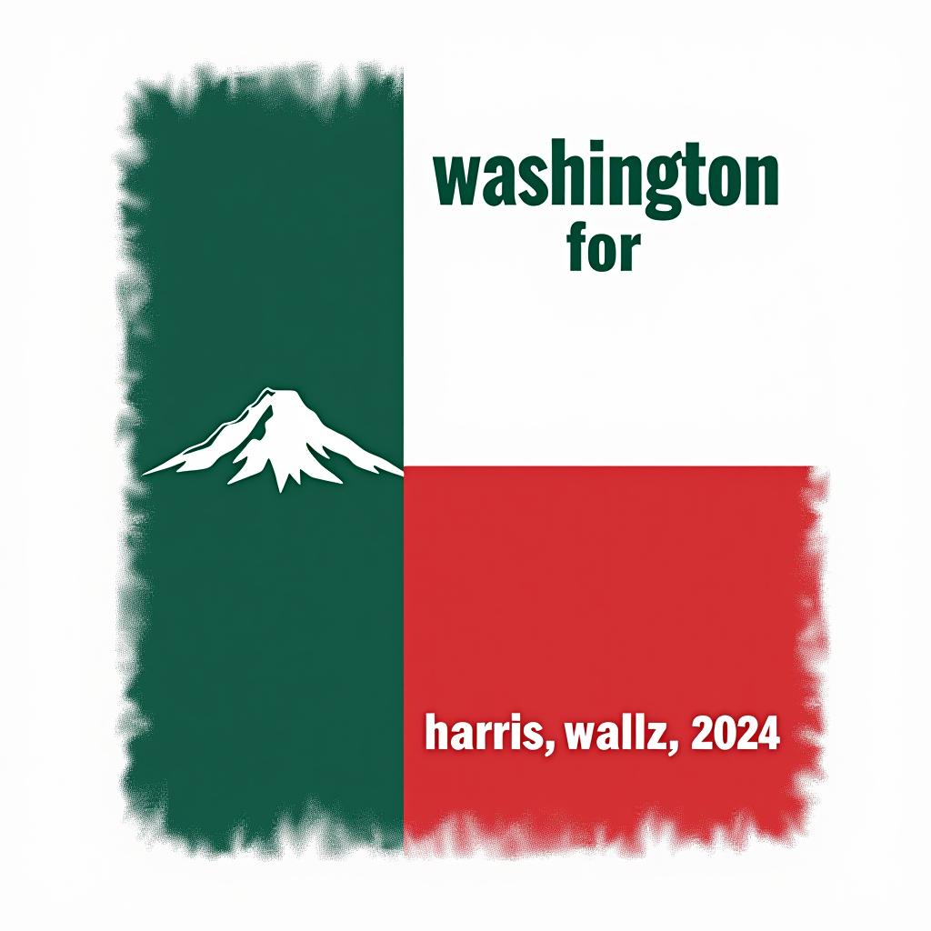  a tshirt design inspired by the washington state flag. the left side features a green vertical stripe with a large mountain in the center. the right side is divided into two horizontal sections: the top section is white with the text 'washington for' in bold, green, uppercase letters, and the bottom section is red with the text 'harris walz 2024' in bold, white, uppercase letters. the overall layout is clean and straightforward, with a clear and patriotic color scheme of blue, white, and red.