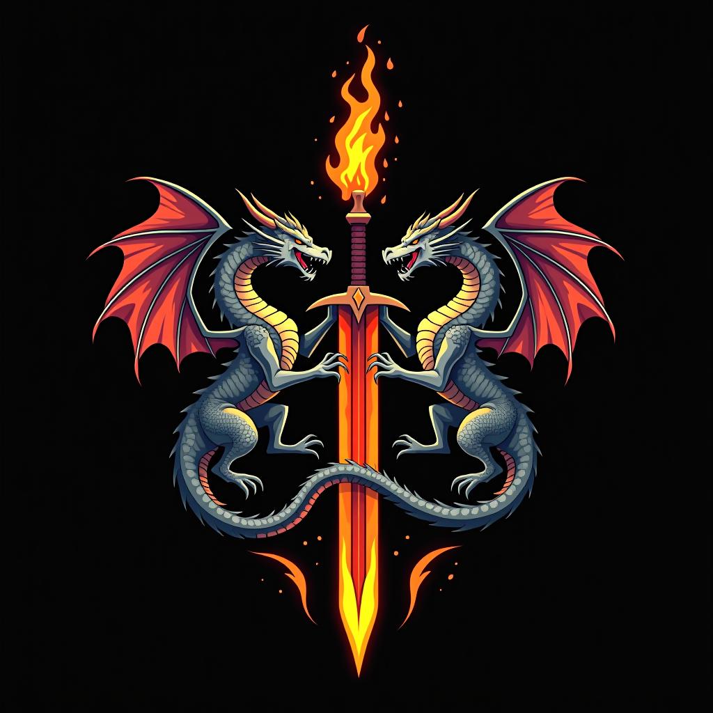  design a logo, custom sticker design on an isolated black background decorated by mythical dragons and a flaming sword