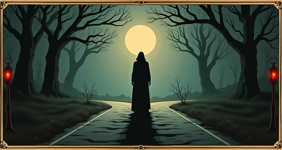  a determined figure standing at a crossroads, shadowy paths diverging, high tension, critical decision, illuminated by a small but intense light, sense of dire importance. an illustration in the style of a worn, mystical old tarot trump card, mysterious and elements of surrealism. the colors are muted, somber and eerie, but with contrast bring out an occult and esoteric vibe.