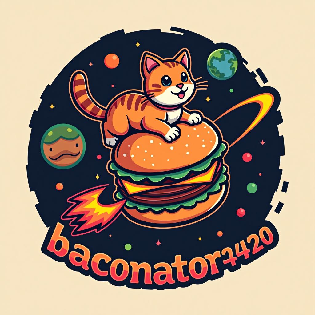  design a logo, a cat on top of a a burger flying through space , with the text 'baconator420'.